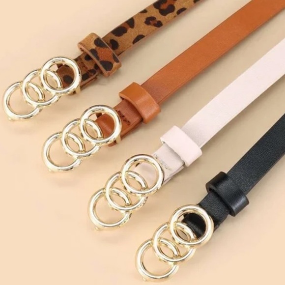 Vegan Leather Leopard Print Circle Buckle Skinny Belt Set